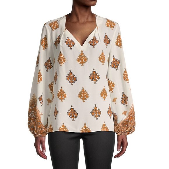 Kobi Halperine Women Ryan Ivory Silk Geometric Patterned Printed Blouse Top - Picture 1 of 4
